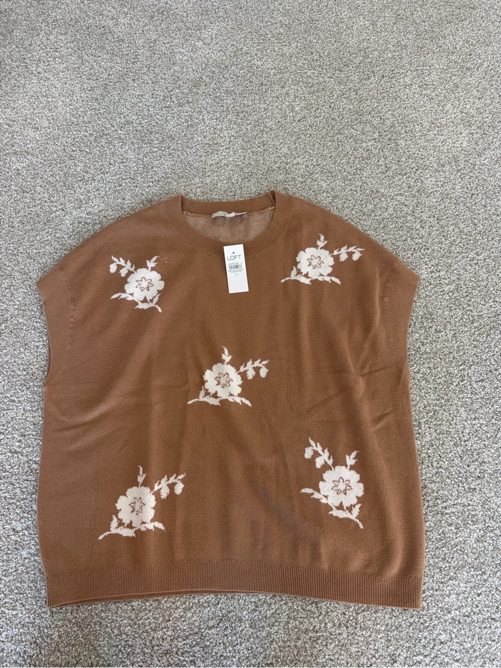 LOFT Brown Crewneck Sweater with Cream Floral Motif